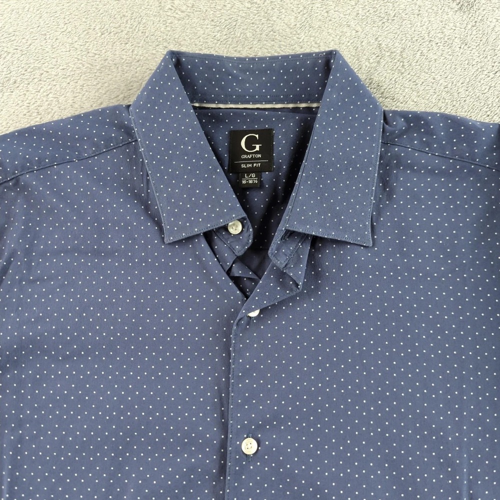 Grafton Shirt Mens Large 16.5 Blue Slim Fit Polka Dot Stretch Dress Long Sleeve